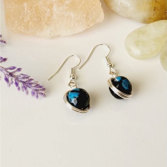 Blue Round Agate Stone Earrings, Silver-Plated Wire Wrapped Dangle Earrings - Picture 4 of 10
